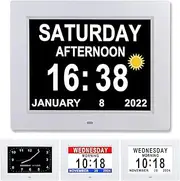 Digital Calendar Alarm Clock for Seniors with Dementia - 8" Extra Large Display with 4 Color Modes | 12 Alarms, Remote Control, Wall/Desk Mount, High Contrast AM/PM, Date Display for Visually Impaired