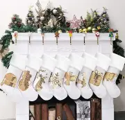 GEX Christmas Stockings 8 Pack for Family 20" Gold Sequins White Velvet with ...