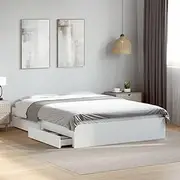Bed Frame with Drawers White 135x190 cm - Wooden Platform, Queen Size, Low Floor, Wood Frame, Cama Storage Bed, Frames, Base Slats Bedframe