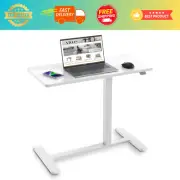Height Adjustable Mobile Desk with Wheels Pneumatic Over Bed Table White Desktop