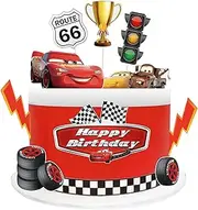 10 PCS Race Car Cake Toppers, Checkered Flag Themed Cake Decoration, Two Fast Cake Topper for Boy Girl Birthday Party Supplies