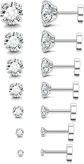 [Fansilver] 20G Hypoallergenic Flat Back Earrings for Women Men Silver 14K Gold Stainless Steel Stud Earrings Brithstone Cubic Zirconia Studs Surgical Steel Cartilage Earrings for Sensitive Ears