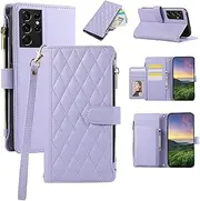 [Boyobacase] for Samsung Galaxy S21 Ultra Wallet Case,for Galaxy S21 Ultra 5G Case, PU Leather Wallet Flip Cover Stand Feature[6 Card Slots] [1 Zipper Coin Pocket] with Wrist Strap-Purple