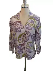 Russ Berens Size Small Top White Long Sleeve Linen Purple Green Leaf Button Up