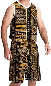 [KQNZT] Basketball Jersey and Shorts, Basketball Jersey for Women, Men's Lightweight Rec Tanks, Ethnic Gold Geometric Pattern Aztec Style