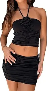 [SweatyRocks] Two Piece Women's Summer Skirt and Top Set Short Sexy 2-Piece Mini Skirt and Halterneck Top Y2k Outfit Strappy Top Two Piece Set Party Outfit, Black, S