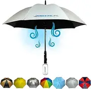 MISTERBREEZE Sun Umbrella with Fan and Mister. A portable misting fan that blocks 99.9% of all UVA and UVB rays. Cooling for festival, beach and summer activities.