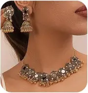 [Missgrace] Women Bride Vintage Bohemian Crystal Rhinestone Indian Necklace Earrings Jewelry Set Indian Traditional Statement Retro Beads Gold-Plated Pendent Necklaces Stud Tassel Dangling Earrings for