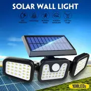 108 LED 3 Head Solar Motion Sensor Light Outdoor Garden Wall Security Flood Lamp