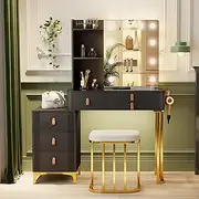 Dystler Dressing Table with Mirror and Lights - Makeup Vanity Table with Drawers & 2 Shelves-Vanity Set for Bedroom, Vanity Desk Set with 10 Light Bulbs/Charging Station, Black