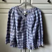 NWT Chico's Linen Top Blue Violet Check Crochet popover 3/4 Sleeve Size 3 XL