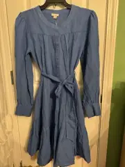 Sundance Blue Elderflower Linen Tiered Ruffle Tie Belt Dress Large NWT$168