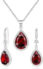 [Sumonyo] Women Jewelry Set Silver/Gold Plated Teardrop Pendant Necklace Dangle Drop Earrings Dangling Sets Birthstone Crystals Rhinestone,Birthday Anniversary Wedding Mother’s Day Gifts for Women