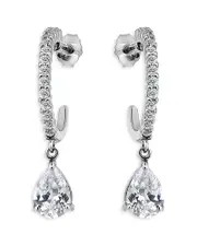 Aqua Cubic Zirconia Pear Shape Charm Half Hoop Earrings in Sterling Silver - Exclusive