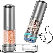 CIRCLE JOY Salt and Pepper Grinder Set Electric Rechargeable Stainless Steel Pepper Mill Set with 6 Levels Adjustable Coarseness, Storage Base, White LED Light, USB Cable