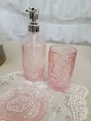 Victorian Trading 3pc Glass Peacock Feather Bath Pink 18D