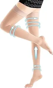 Compression Stockings Thigh High for Women Men 20-30 mmHg Graduated Compression Socks Open Toe Compression Support Hose with Non-Slide Silicone Dot Band for Swelling and Varicose Veins (Beige,L)