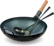 Blue round Bottom Wok Pan – 14" Woks and Stir Fry Pans with Pre-Seasoned Wok Ute