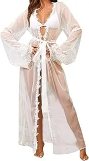 [ROSVAJFY] Women’s Mesh Lingerie Long Kimono Robe Flared Sleeves Dressing Gown See Through Bathrobe,Lace Trim Bridesmaid with Satin Belt, Pure Nightwear,Bikini Cover Up Cardigan Swimsuit Wedding Party