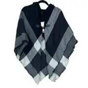 Modena Womens OS Black White Gray Plaid Shawl Scarf Fringe Hem NEW