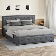 ALFORDSON Bed Frame Base with Gas Lift Storage King Size Della Series, Mattress Topper Platform Foundation with Linen Fabric Upholstery for Bedroom, Fabric Grey