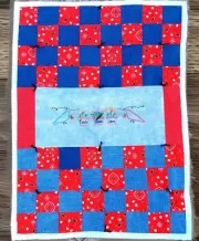 Blue Denim & Red Paisley Patchwork Lap Quilt or Wall Hanging Homemade Americana