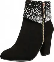 [Cilipuloy] Winter high Heels for Womens uniformal Dress Shoes with Rhinestone Ankle Boots for Ladies Heeled Booties Zip up Pointed Toe bootas