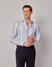 Hawes & Curtis Blue & White Stripe Jacquard Slim Shirt | High Collar Size: XL
