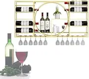 Wall Mounted Metal Wine Rack with Hanging Glass Storage Modern Liquor Cabinet for Home Bar Decor Display Shelf for Kitchen or Dining Room Whiskey Shelf with Mini Bottle Holder