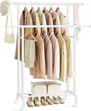 SONGMICS HSR133W01 Clothes Rack on Wheels, Double Rails, Extendable Clothes Rails, Coat Rack Made of Steel Tubes, Maximum Load 80 kg, 83-120 cm Wide, Cloud White