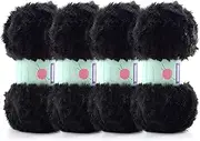 4 Skeins Soft Chunky Fluffy Fuzzy Faux Fur Yarn for Crocheting - Eyelash Furry Yarn for Knitting Blankets, Scarves and Sweaters, 3.5 Oz/75 Yards Per Roll (Black)