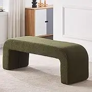 Modern Velvet Bench Rectangular Coffee Table with Fuzzy Upholstered Ottoman Modern Fabric Arched Bench for Living Room Bedroom Entryway (Dark Green Small)