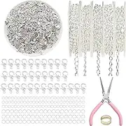 16.4 ft Necklace Chain for Jewelry Making, 5 Rolls Silver Plated Chains for DIY Necklace Bracelet Jewelry Making Accessories with Charm Pendants Jump Rings Lobster Clasps Pliers（Silver