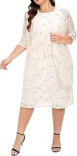 [Go Mai] Women's Plus Size 2 Piece Mother of The Bride Dress Jacket Set Tea Length Sequin Lace Dress Formal Evening Gowns