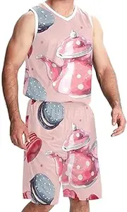 [KQNZT] Basketball Jersey with Shorts, Custom Basketball Jersey, Men's Athletic Basketball Jerseys, Pink Teapot Tea Cup Macaron