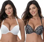 [Curve Muse] Womens Push Up Add 1 and a Half Cup Underwire Halter Front Close Bras