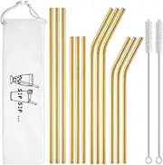 Hiware 12-Pack Gold Stainless Steel Straws Reusable with Case - Metal Drinking Straws for 30oz / 20oz Tumblers Yeti Dishwasher Safe, 2 Brushes Included