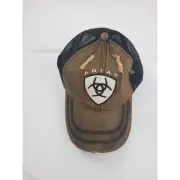 Ariat Strapback Trucker Hat Black Tan Patch Mesh Back Hook and Loop