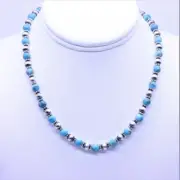 Blue Kingman Turquoise & Sterling Silver Navajo Pearl Beaded Modern Necklace 6mm