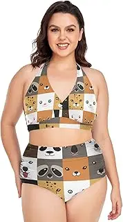 [Caihoyu] Plus Size Bikini for Ladies Tummy Control Bathing Suits High Waisted Bikini Swimwear Cute Simple Animal Faces L