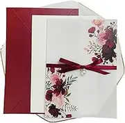 XYHTPP 25pcs Blush Pink Floral Clear Vellum Jacket Cards Wedding Invitations With Envelopes Sweet 15 Invites For Wedding Birthday Anniversary Invite(Burgundy,Pocket with diamond)