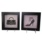 Girls Room Wall Decor 2 Framed High Heel and Purse Bejeweled Blingy Pink New