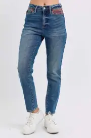 Judy Blue High Rise Waist Plaid Patch Detail Medium Wash Slim Fit Denim Jeans
