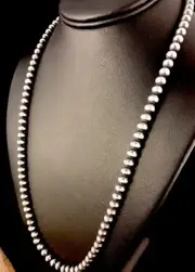 Native American 4mm Sterling Silver Navajo Pearls 20" Hook & Eye Cone Necklace