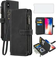 Asuwish Phone Case for iPhone Xs X 10 10s Wallet Cover with Tempered Glass Screen Protector Leather Flip Card Holder Cell Accessories iPhoneX iPhoneXs iPhone10 i PhoneX SX 10x 10xs X’s Women Men Black
