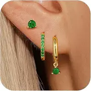 [Eathareel] Gold|Silver Earrings Set for Women, Dainty Emerald Green | Navy Blue | Shiny CZ Hoop Stud Earrings Set, 14K Gold Plated Hypoallergenic Lightweight No Tarnish No Lead & Nickel