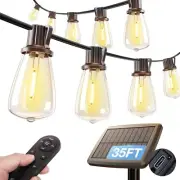 35FT Solar String Lights Outdoor, Waterproof Solar Powered with Remote & USB ...