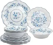 UPware 12-Piece Melamine Dinnerware Set, Includes Dinner Plates, Salad Plates, Bowls, Service for 4 (Blue and White Floral)