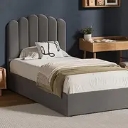 [OIKITURE] King Single Bed Frame with Velvet Bed Headboard and Solid Plywood Slats Gas Lift Bed Matress Platform Grey