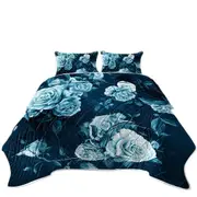 Dark Blue under Light Blue Roses Coverlet